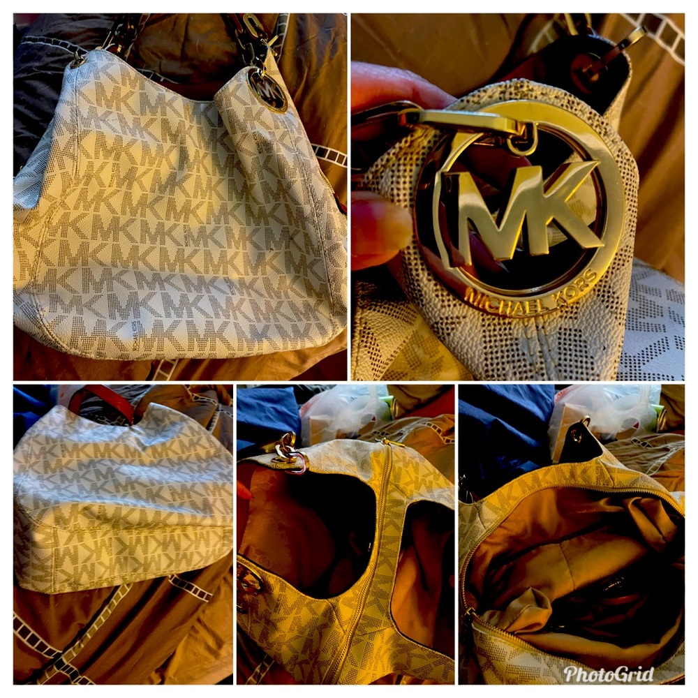 Michael Kors white leather monogram shoulder large hobo bag